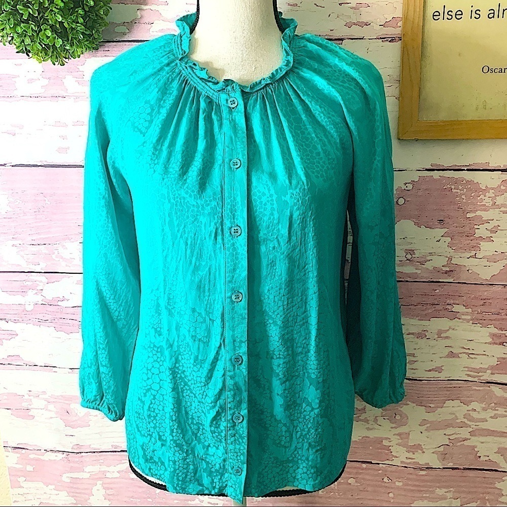 BCBGMAXAZRIA Blue Silk Button Down Blouse XXS but fits a size XS, Small